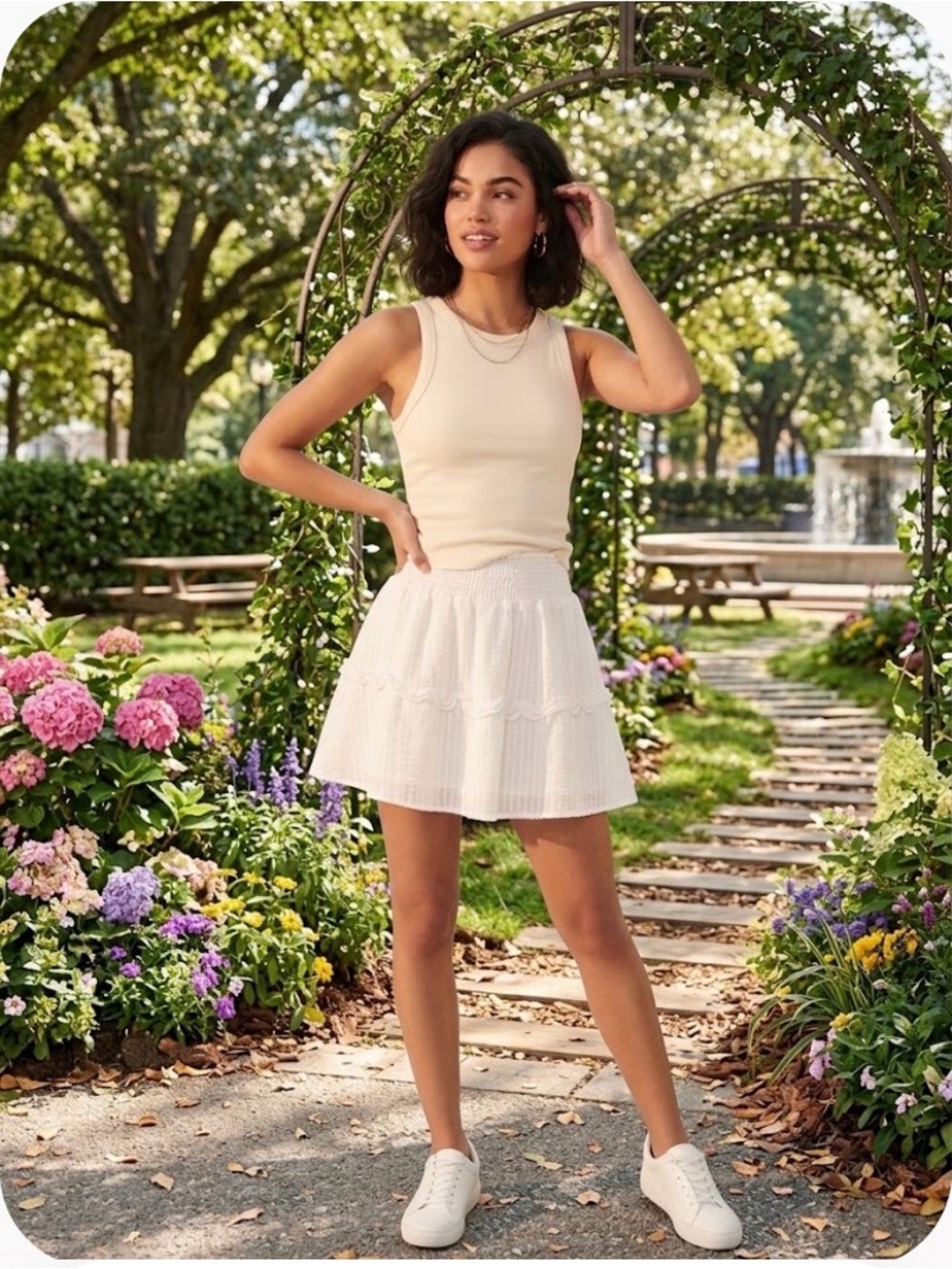Kendall & Kylie Cream Smocked Tiered Skater Skirt